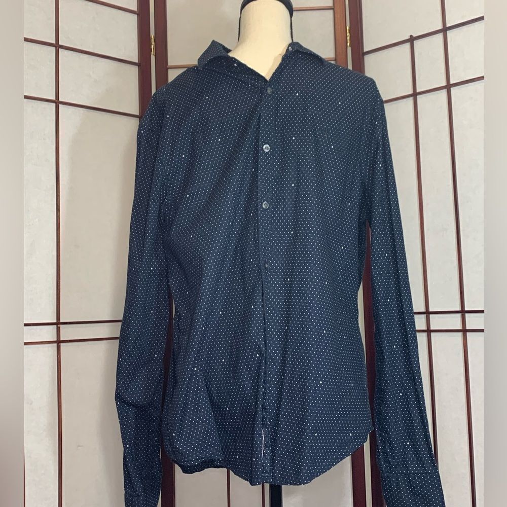 Original Penguin Navy Blue Button up collared shirt with dots and arrows XL